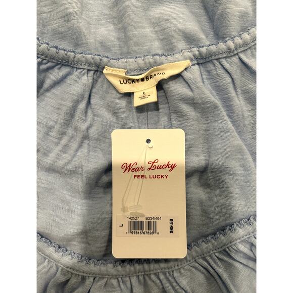 Lucky Brand Womens Sz Large Blouse Top Blue Square Neck 100% Cotton Short Sleeve - Picture 7 of 7